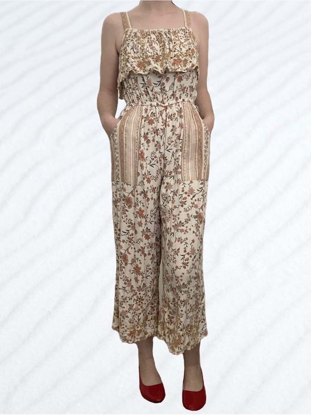 Floral Cream Wide-Leg Jumpsuit with Ruffle Bodice